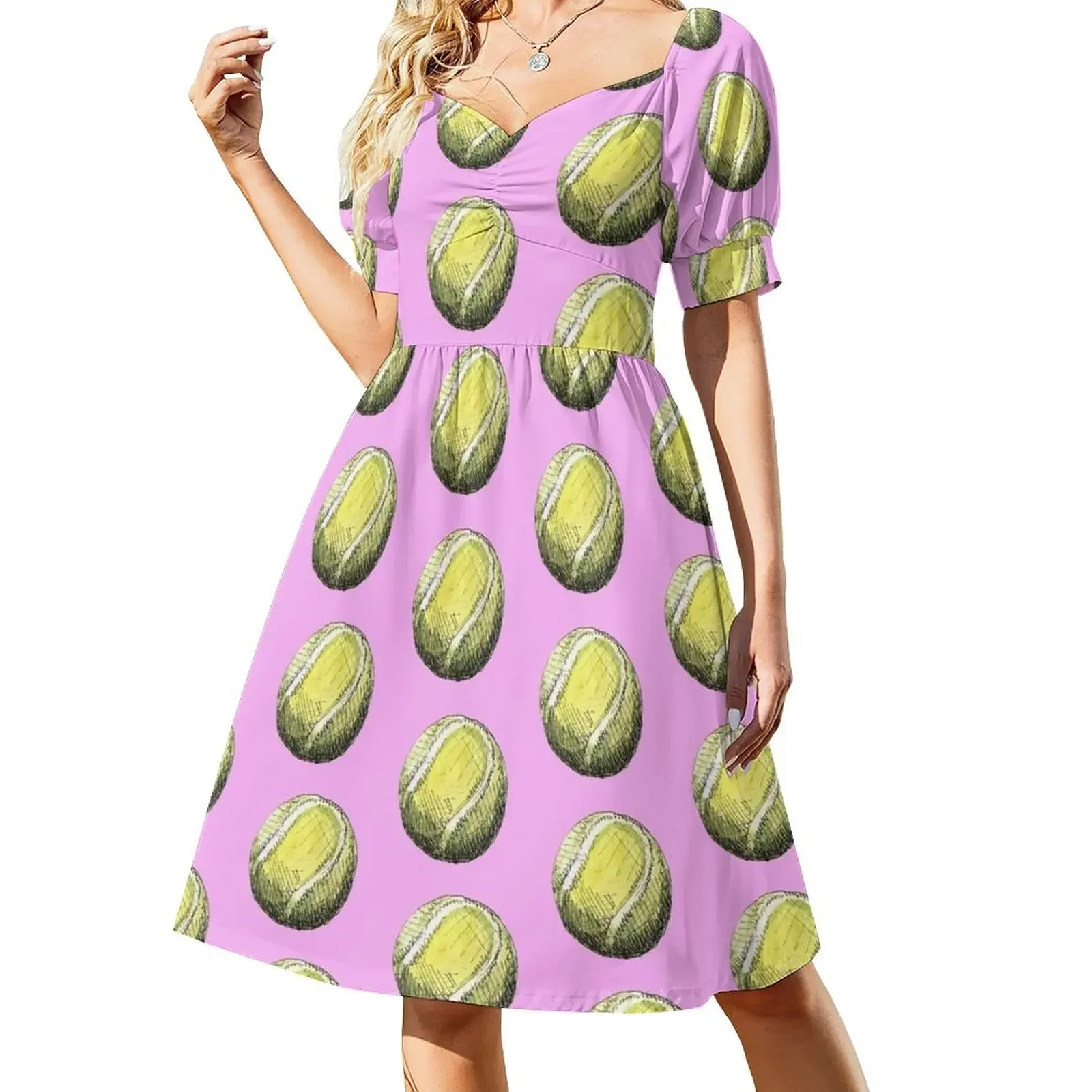 thumbnail image 1 of Vestido rosa de manga corta con estampado de pelota de tenis, ropa de mujer, vestido de verano, vestidos para fiesta de graduación, ropa de verano para mujer., 1 of 7