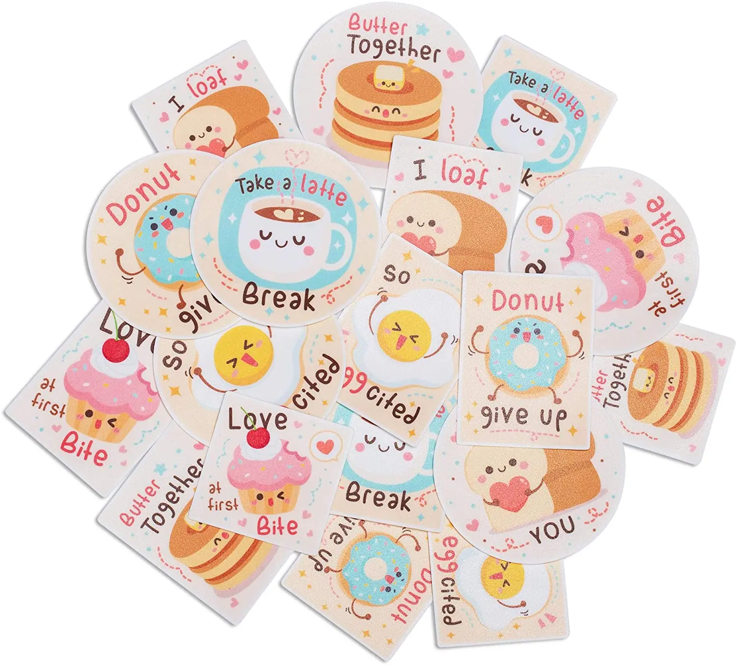 18pcs Cute Breakfast Sticker Set Food Themed Square, Vertical Stickers for Scrapbook and Round Decals for Laptop, Water Bottles