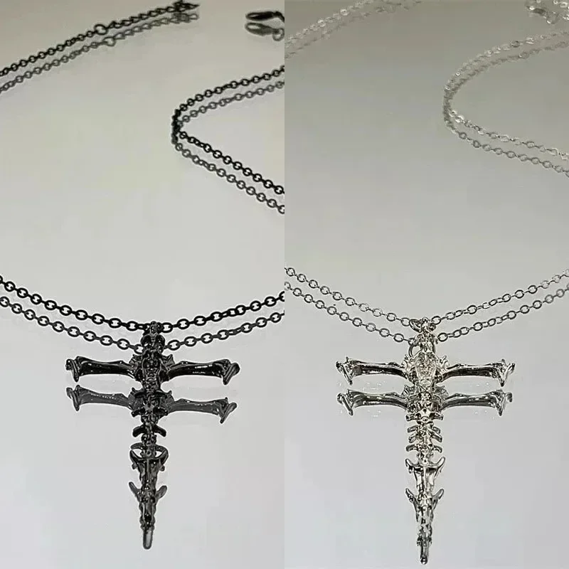 Dark Gothic Punk Style Vintage Skull Skeleton Cross Pendant Necklace Unisex Silver Black Hip-Hop Chain Fashion Jewlery Gifts