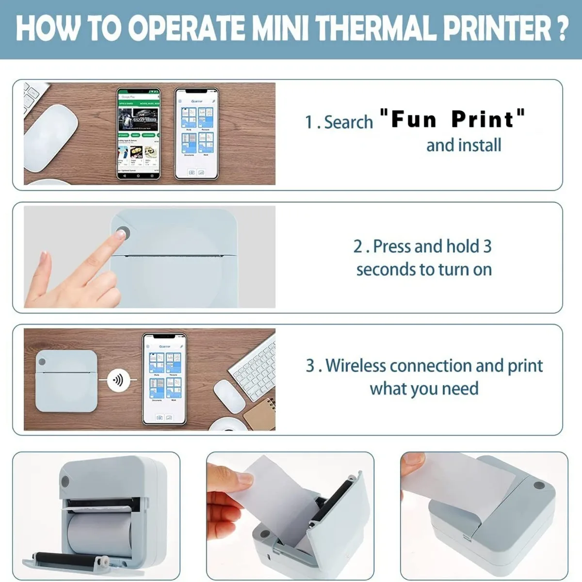 Inkless Sticker Printer Mini Thermal Printer with Roll of Thermal Paper, Wireless Pocket Printer Smart Portable Receipt