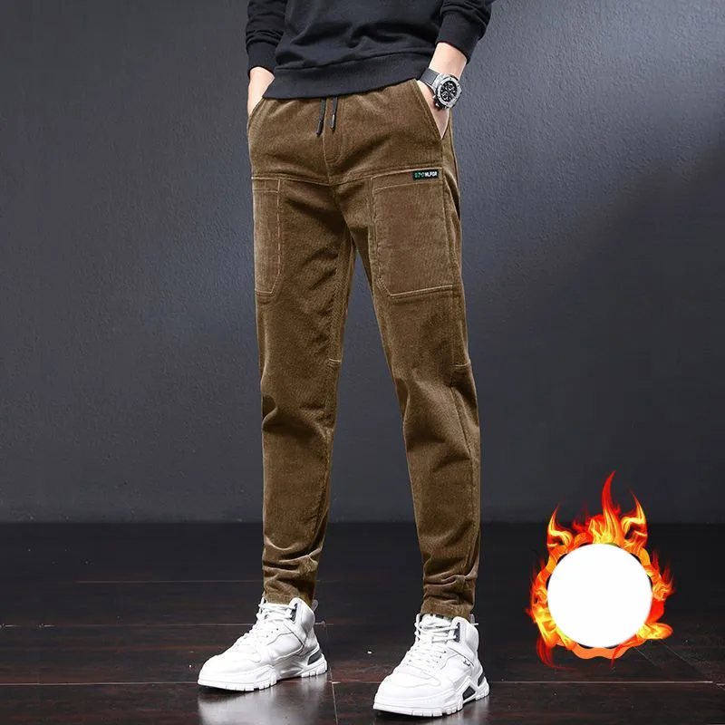 KPOP Fashion Style Harajuku Slim Fit Trousers Loose All Match Casual Pants Plush Pockets Patchwork Corduroy Straight Leg Pants
