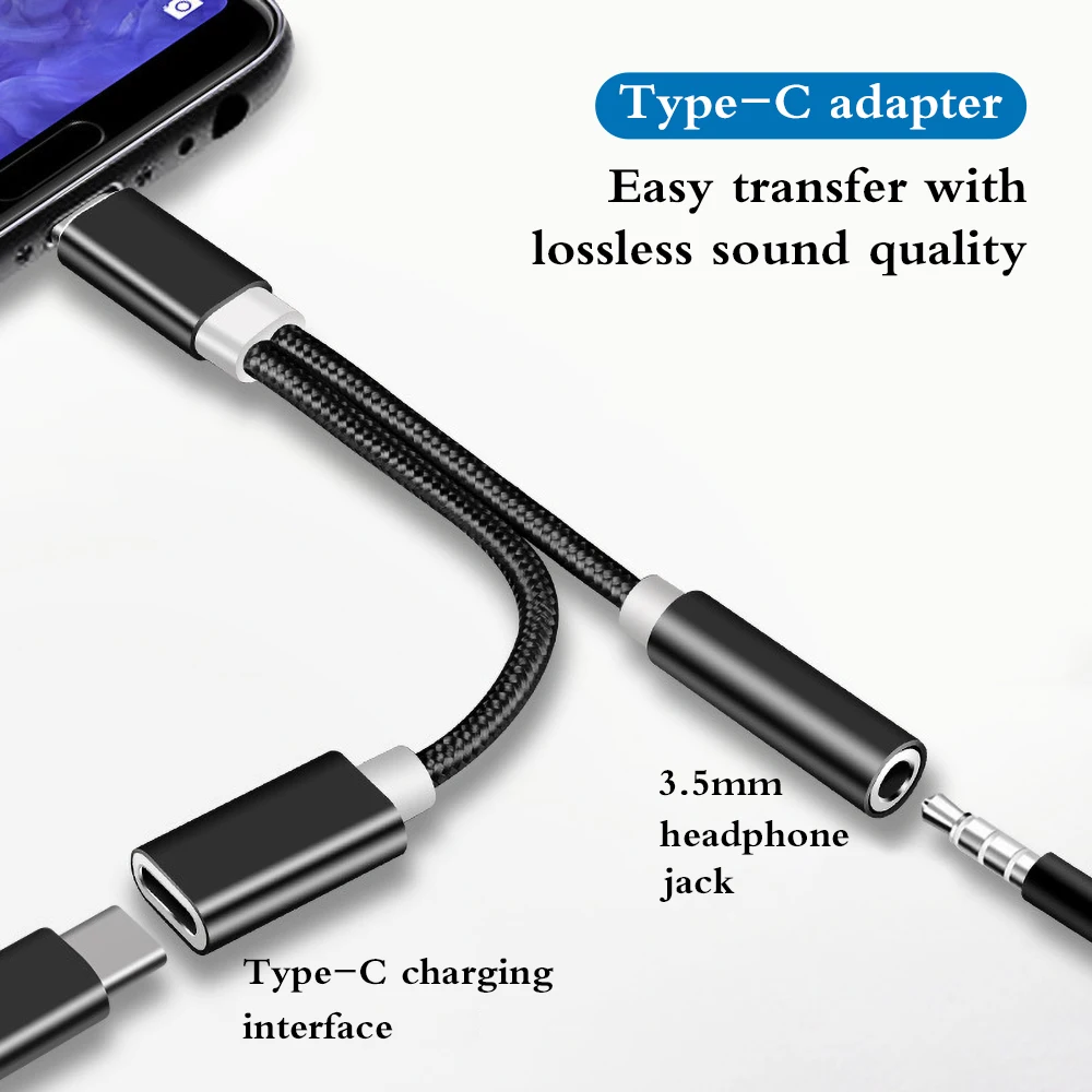 Type C to 3.5mm Adapter 2in1 USB C to AUX Audio Cable