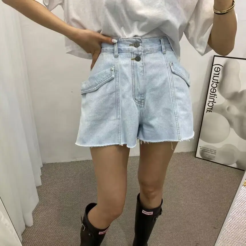 

South Korea summer high-waisted two-button design pocket raw edge loose look thin all the meat shielding small denim shorts