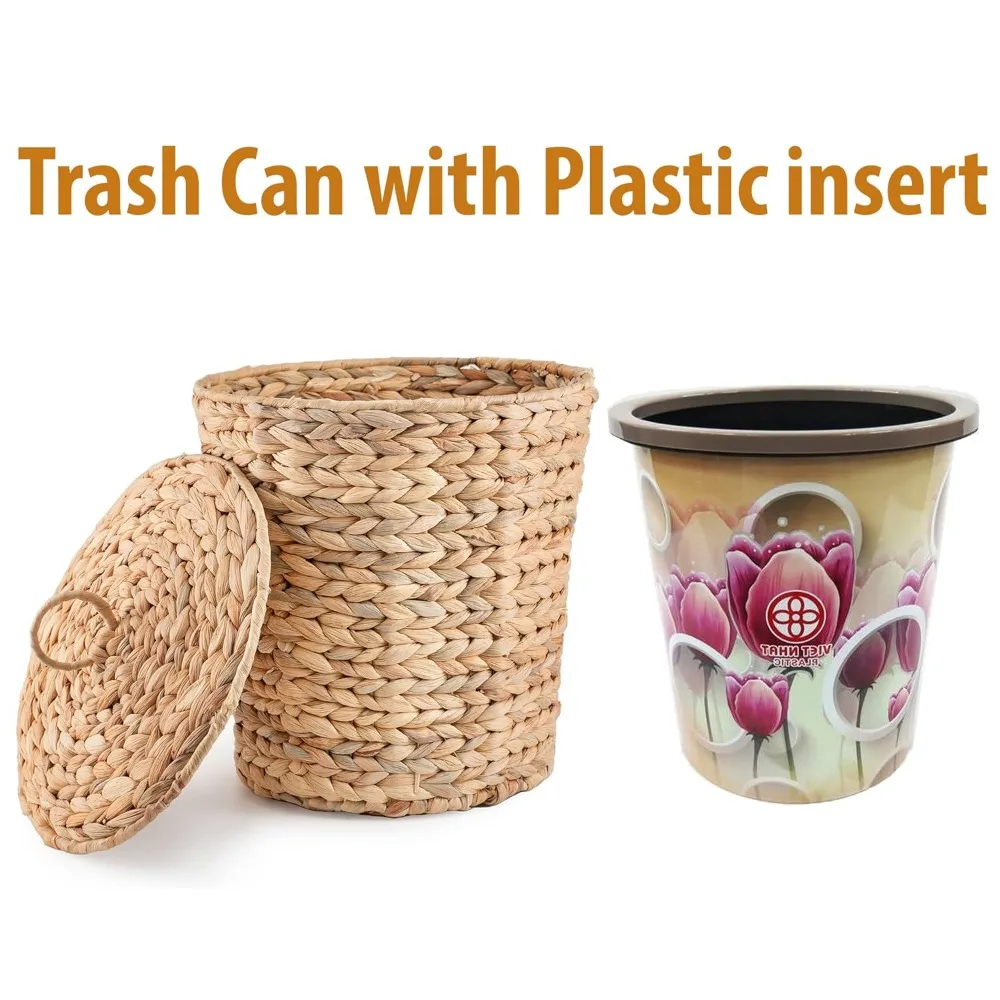 Wicker Trash Can with Lid in Bedroom, Bathroom - Trash Can in Office - Boho Woven Wicker Waste Basket - Office Garbage Cans for