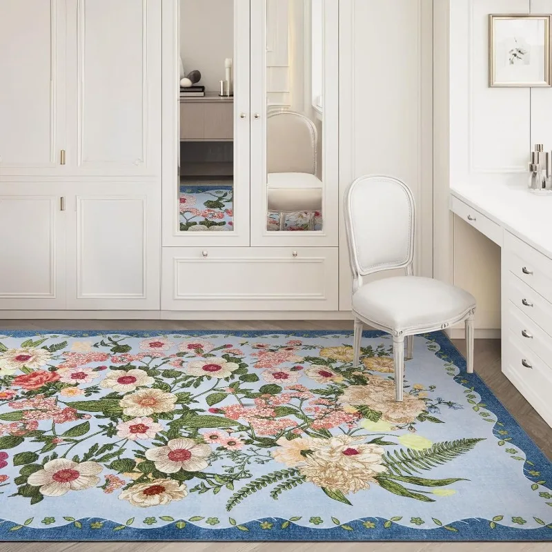 Green Floral Living Room Carpet Nordic Retro Large Area Bedroom Rug Machine Washable Non-slip Coffee Table Sofa Floor Mats Tapis