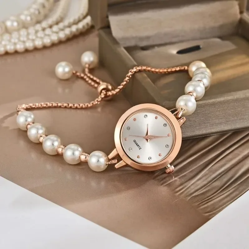 New Vintage Pearl Bracelet Women's Quartz Watch Adjustable Strap Watch Luxury Gold Small Dial Ladies Wristwatch