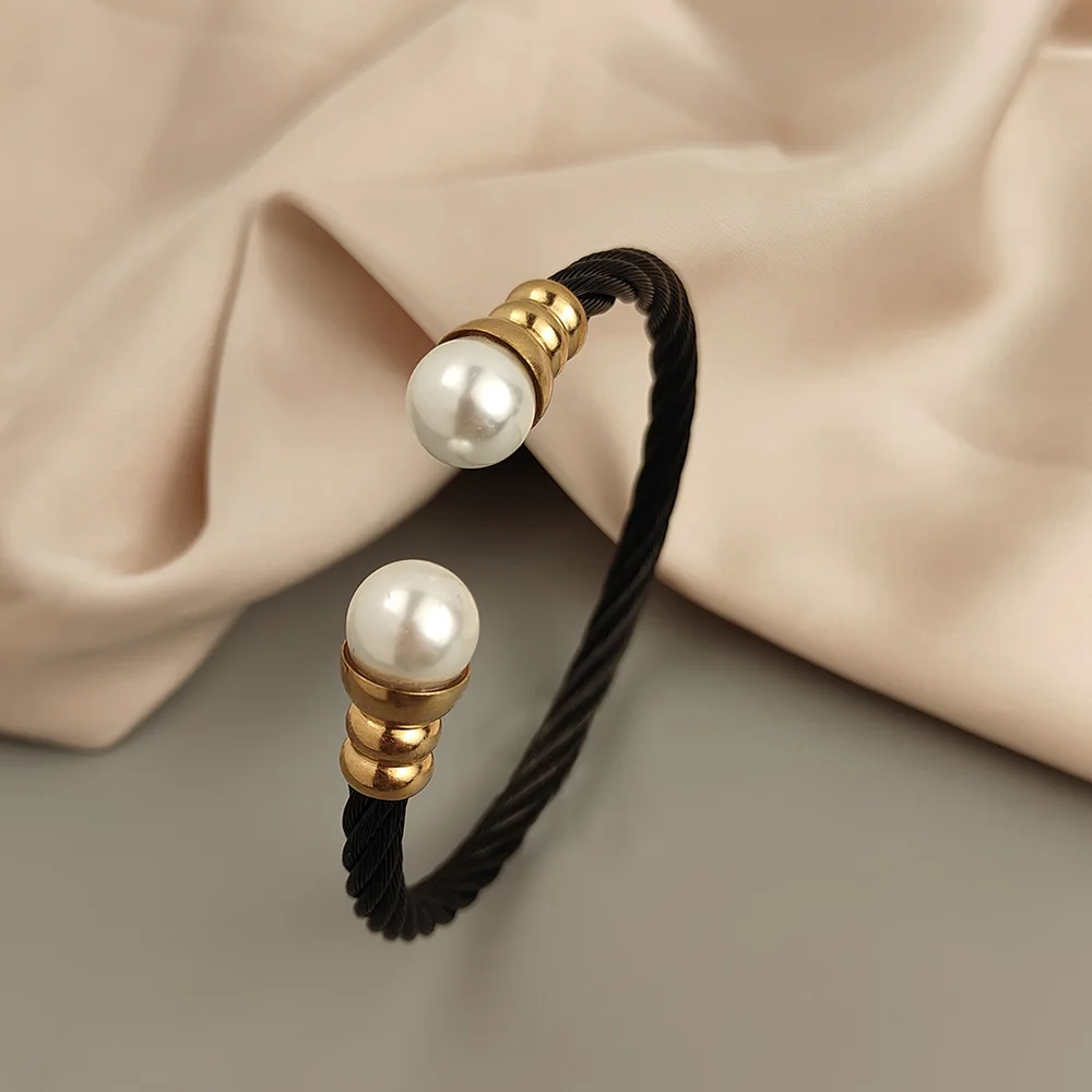 New double pearl stainless steel bracelet, twisted steel wire design, versatile jewelry, birthday gift 4