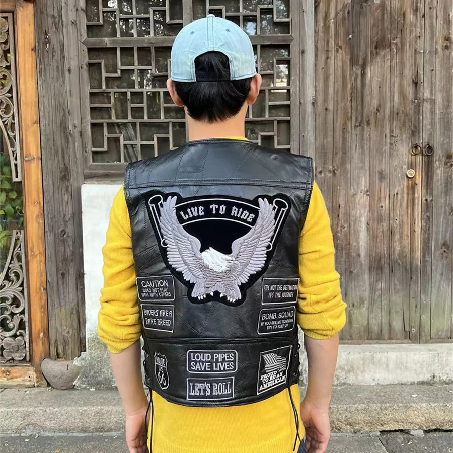 Black Men Motorcycle Vest Eagle Embroidered Sleeveless