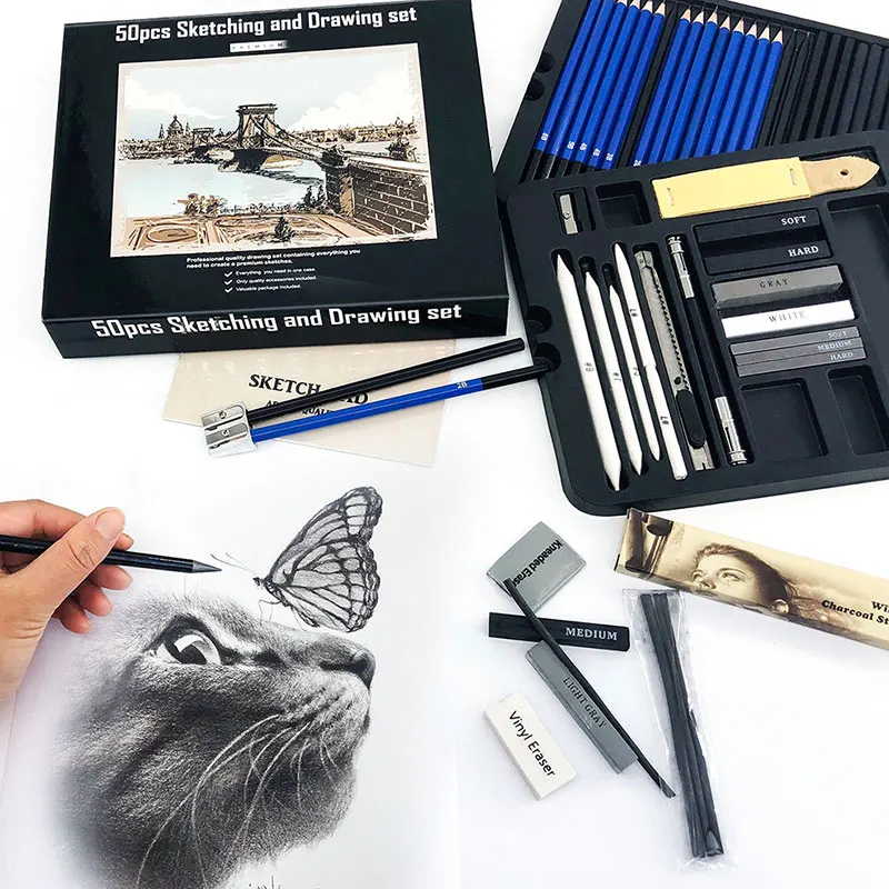 Cool Bank Professional Art Set 50 PCS Drawing and Sketching Set- Drawing,  Sketching and Charcoal Pencils. 2 x 50 Page Drawing