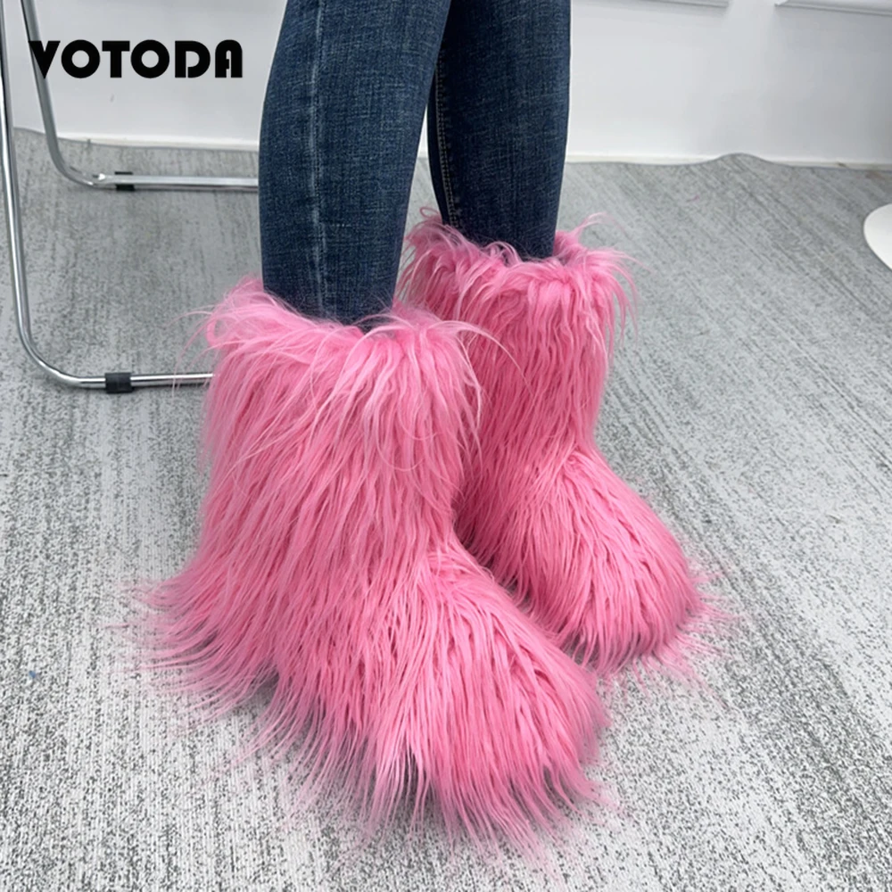 

Mongolian Fur Snow Boots for Women Winter Warm Plush Boots Outdoor Platform Solid Color Mid Calf Boots Y2K Furry Cute Girl Shoes