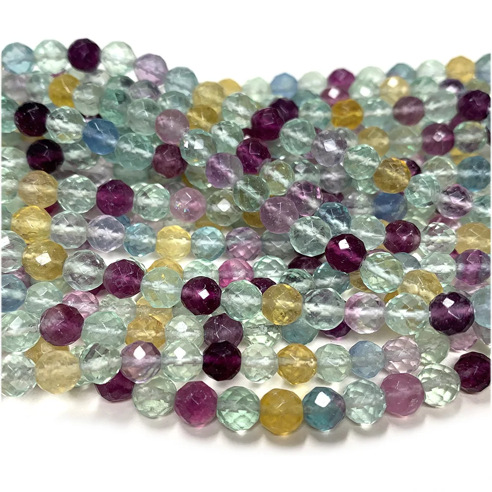 Veemake Natural Fluorite Round Faceted Multi Color Clear Loose Beads 08114