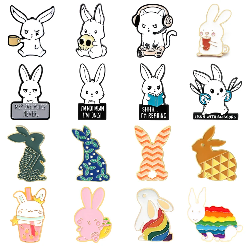 

Cartoon Cute Animal Rabbit Enamel Pins Color Bunny Love Back View Reading Moon Alloy Brooch Sweet Badge Woman Jewelry Gift