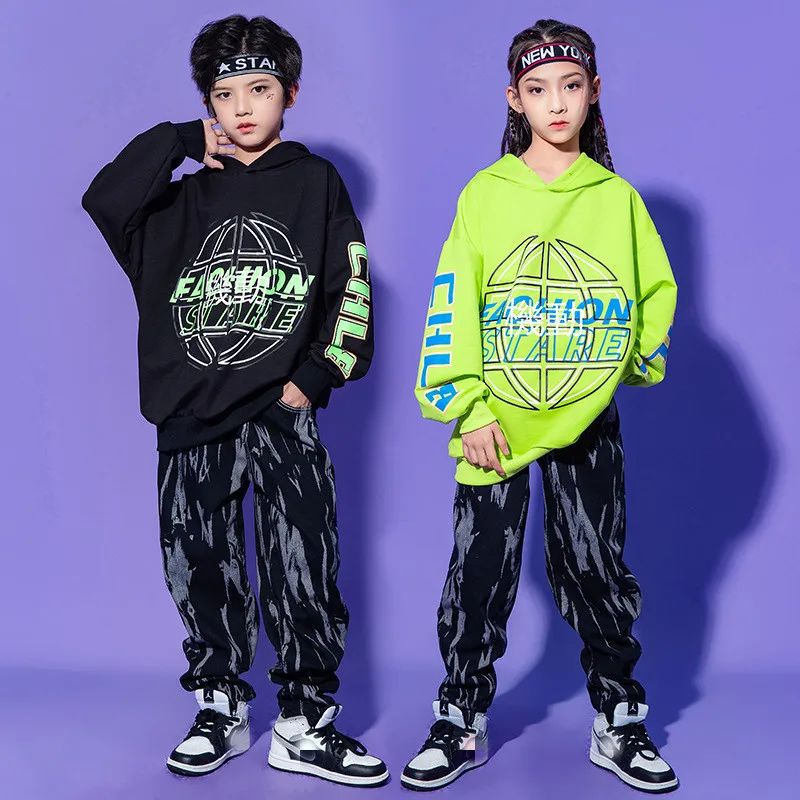 

4-18 Yrs Kids Hip Hop Outfits Jazz Dance Clothes Girls Boys Green Hoodies Running Tie Dye Pants Cotton Ballroom Dancing Costumes