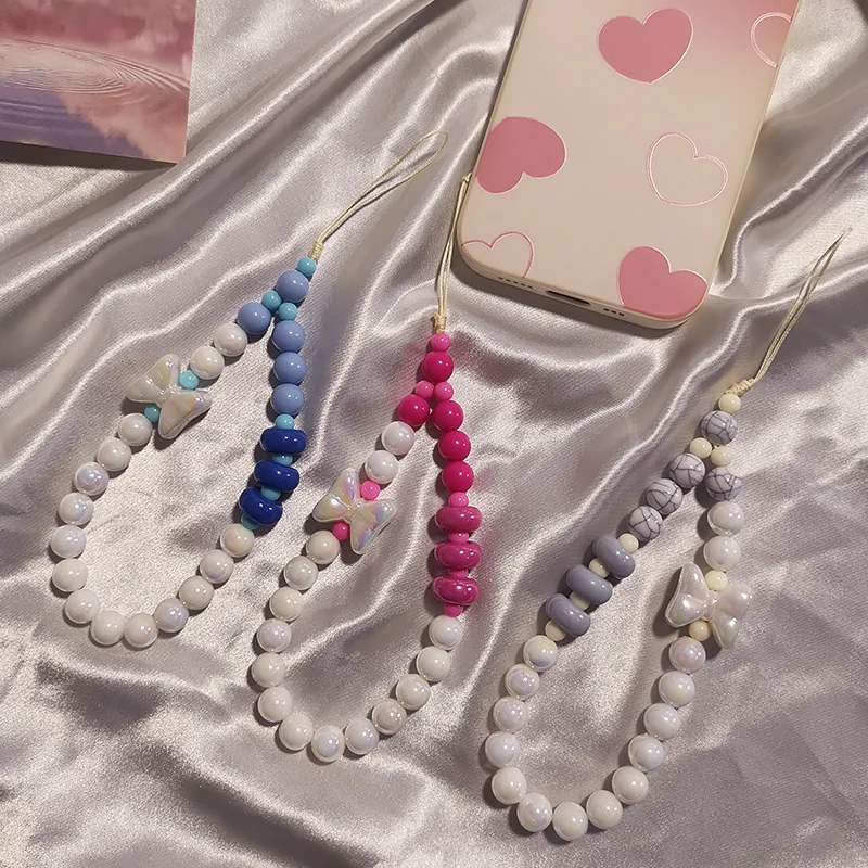 Mobile Phone Strap Short Wrist Bow Beaded Bracelet Candy Colored Bead Pendant Round Bead Pendant Universal Phone Ant
