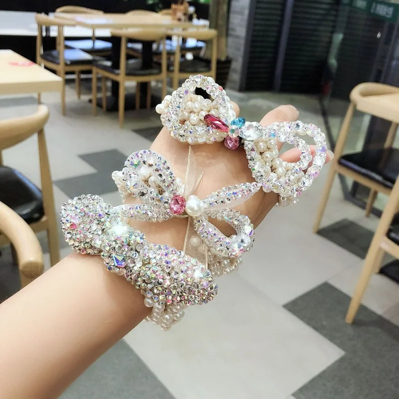 

Net Red Shiny Rhinestone Bracelet Mesh Pearl Bow Bow Bow Elastic Pearl Headdress Hair Band Rubber Band Women's Hair Accessories