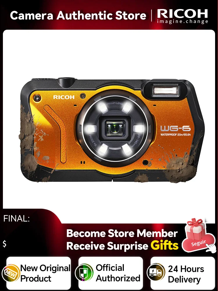 RICOH WG-6 액션 카메라 웹캠, 방수 20MP 고해상도 이미지, 3 인치 LCD 20M 충격 방지 2.1M 수중 WG6