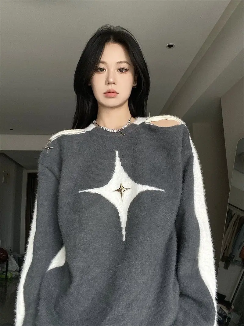 Autunno Harajuku Fashion Retro Contrast 2022 New Y2k Color Star maglione Sexy Slash Neck Off spalla manica lunga top Jumpers