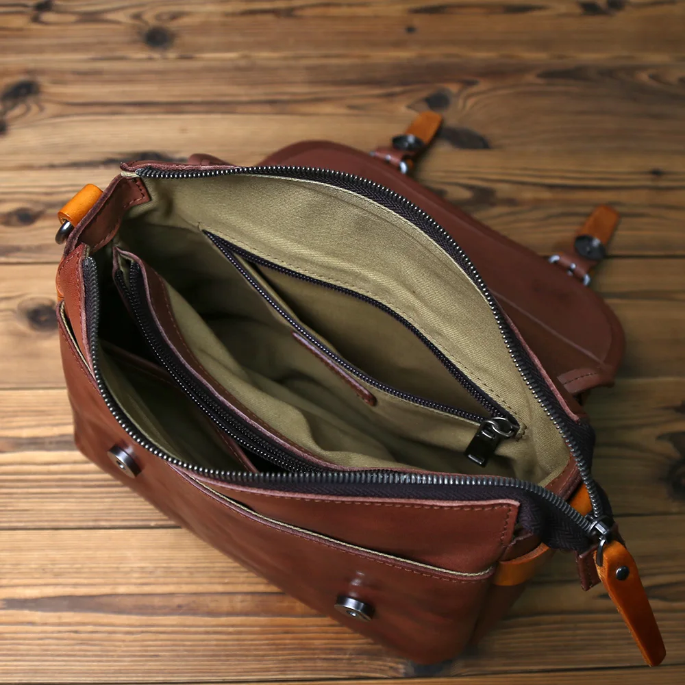 NZPJ Men's Vintage Genuine Leather Shoulder Bag Top Layer Cowhide Crossbody Casual Bag Suitable For 10-Inch IPad