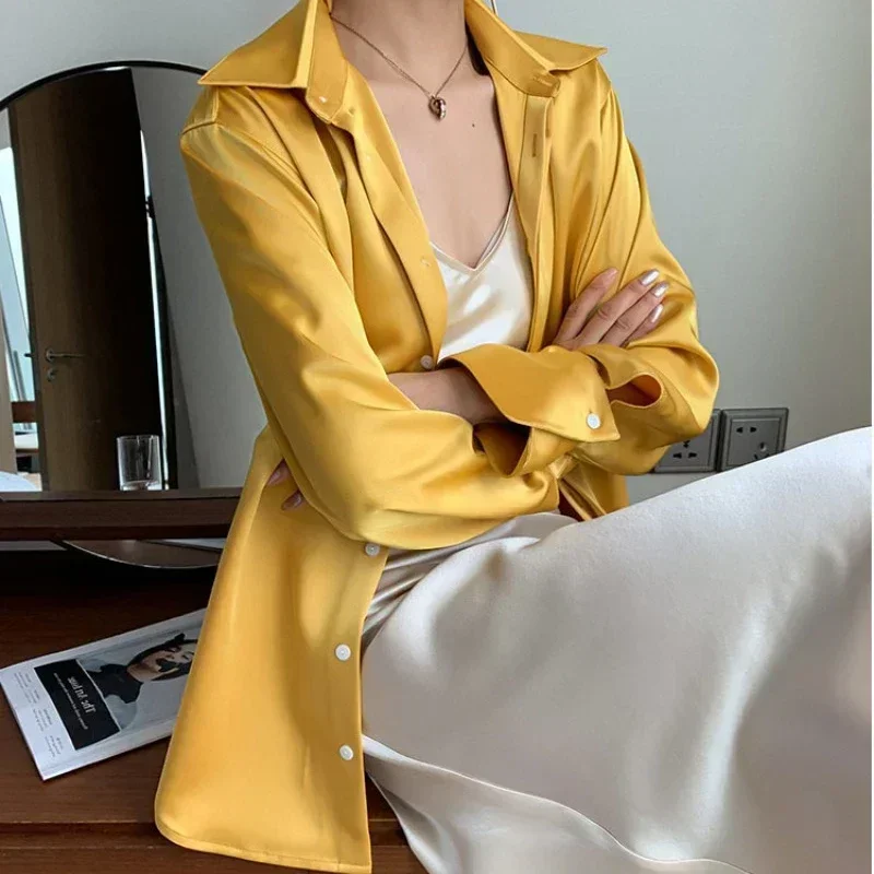 

Autumn Solid Turn Down Collar Blouse Fashion Women Tops Double-sided Satin Shirt Female Long Sleeve Loose Clothes Elegant 29768