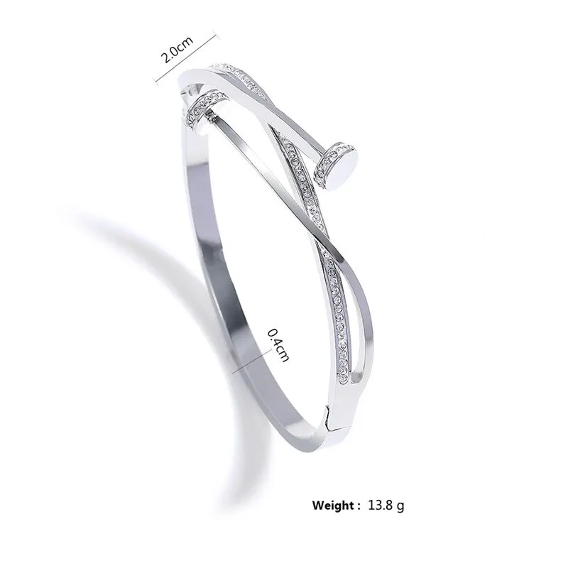 Double Crystal Nail Head Cross Stainless Steel Bracelet For Woman Silver Color Love Wedding Gift Bangle Jewelry