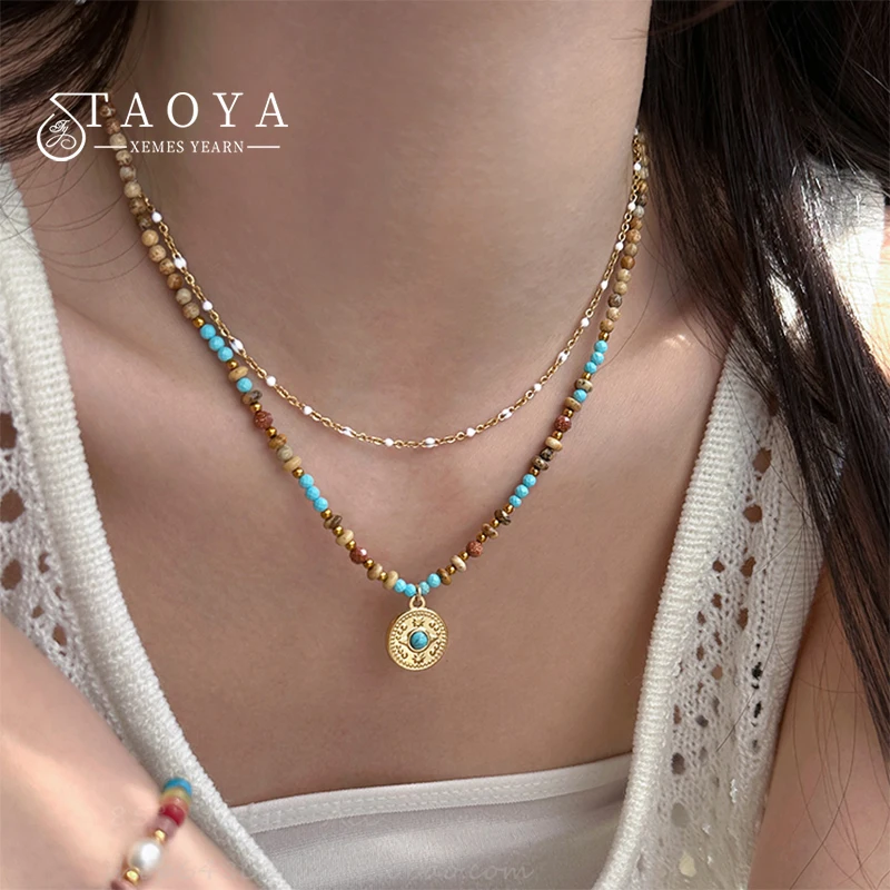 Gold Farbe Edelstahl Kette Perle Runde Anhänger Doppel-schicht Halskette Für Frauen Trendy Schmuck Weihnachten Mode Zubehör