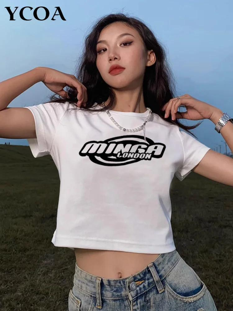 

Women's T-Shirt Y2k Crop Top Tees Slim Letter Summer Korean Fashion Graphic Goth Harajuku Streetwear Vintage Aesthetic Clothes