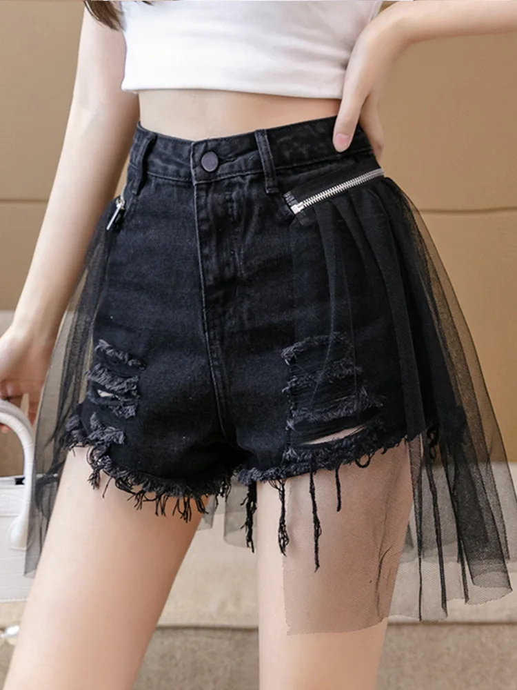 Design Sense Mesh Stitching Women'S Denim Shorts High Waist Raw Edge Fake Two-Piece Wide Leg Hot Pants Korean Women Clothing