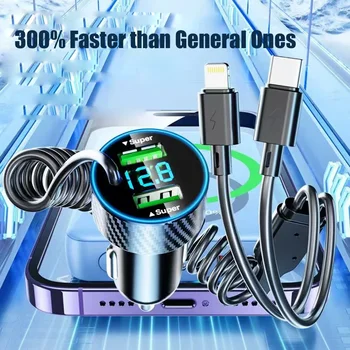 4 in 1 Dual Port USB Car Phone Charger Type C with Retractable Cable Super Fast Charging Adapter for iPhone Samsung OPPO Huawei 3