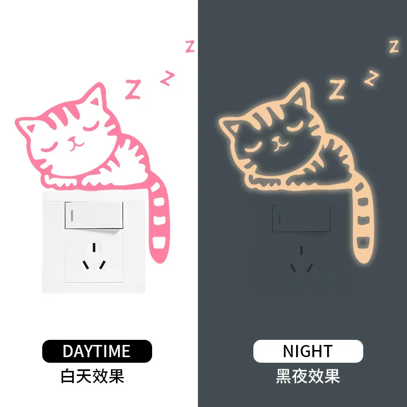 Glow in The Dark Cat Wall Stickers Cute Cartoon Light Switch Decals for Kids Bedroom Living Room