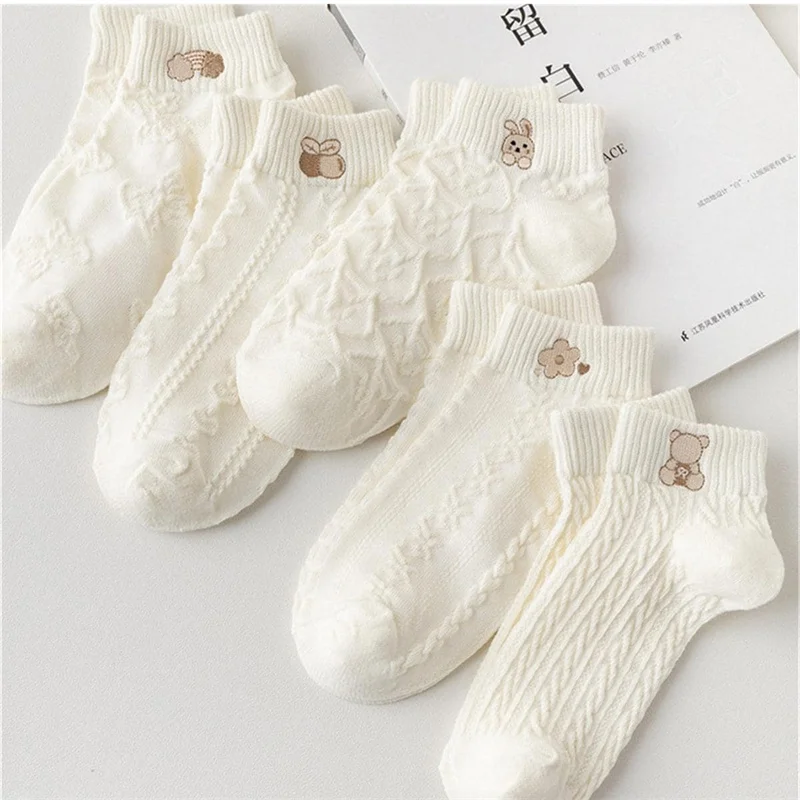 5pairs Women Socks Cute Bear Rabbit Rainbow Print Ankle Short