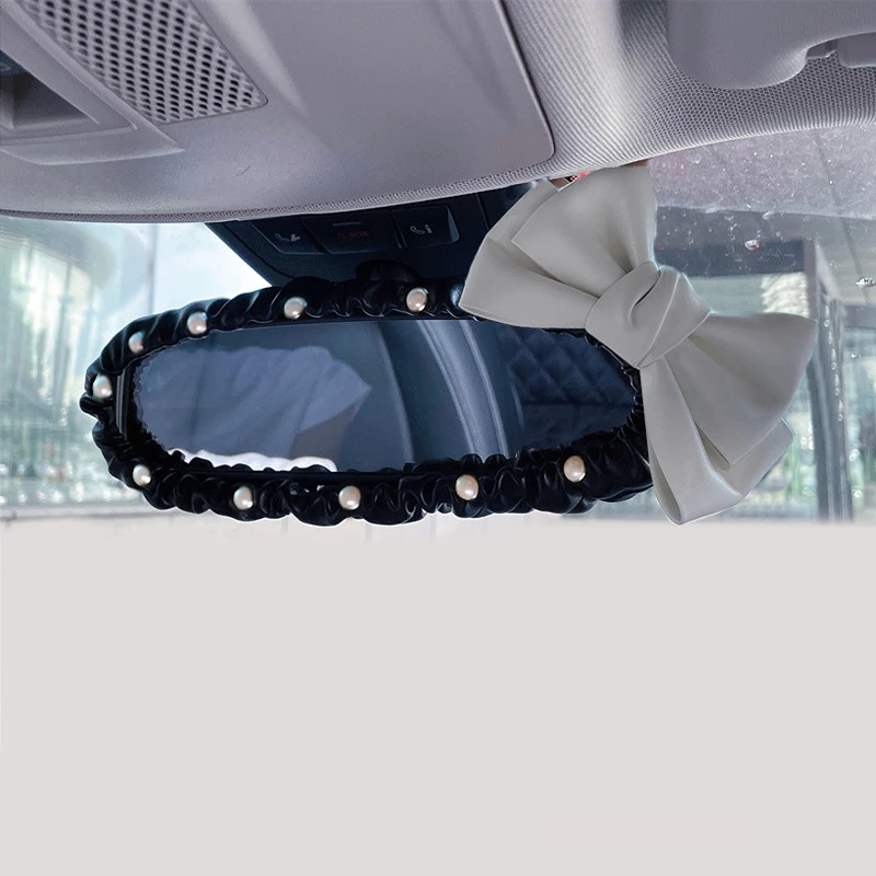 Fashion Pearl Bowknot Car Interior Rear View Mirror Cover Leather Auto Mirror Case Decoration Accessories For Women and Girls