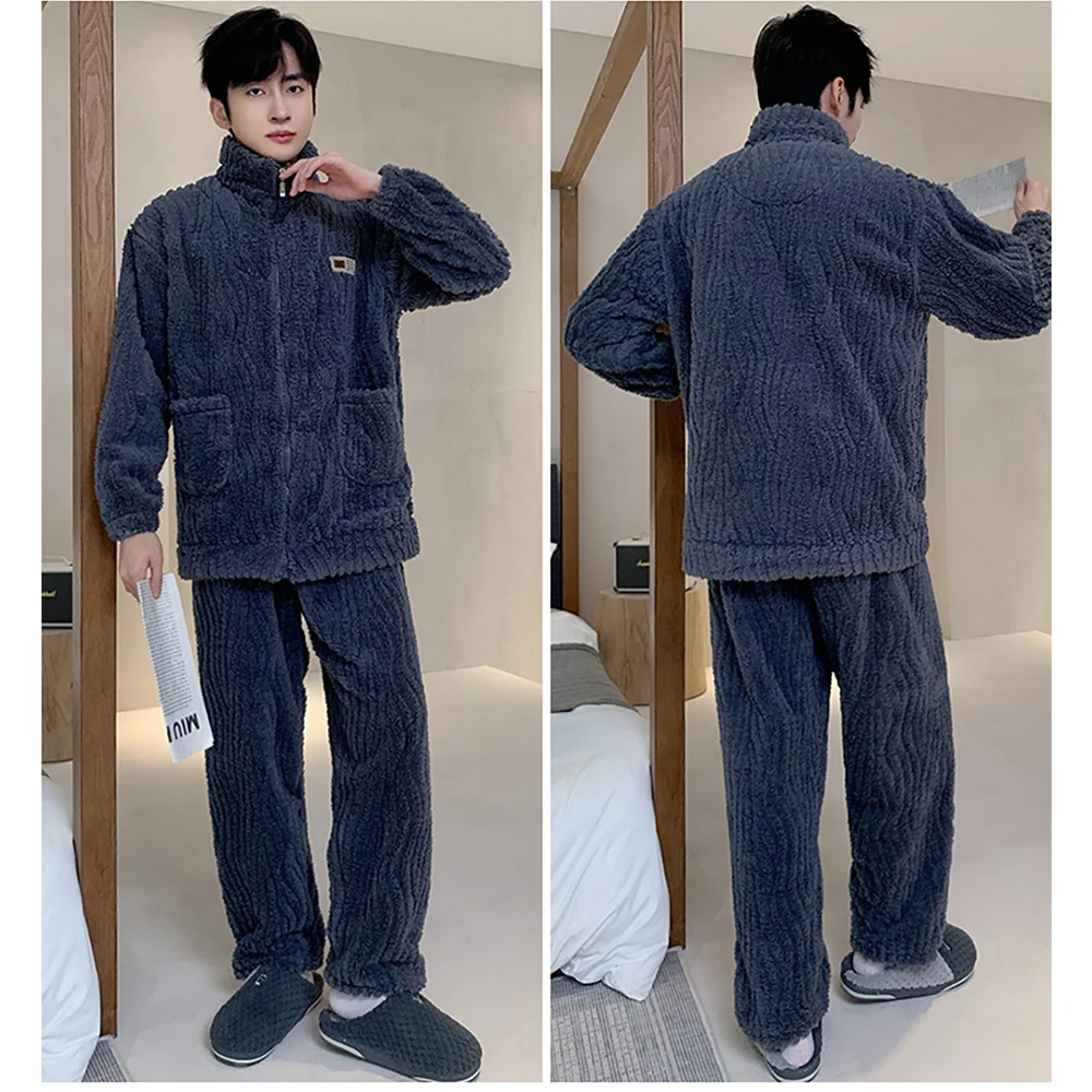 Winter Thicken Flannel Men's Pajamas Set Jacquard Plush Antistatic Warm Sleepwear Big Size Fashion Zipper Pajama for Sleeping