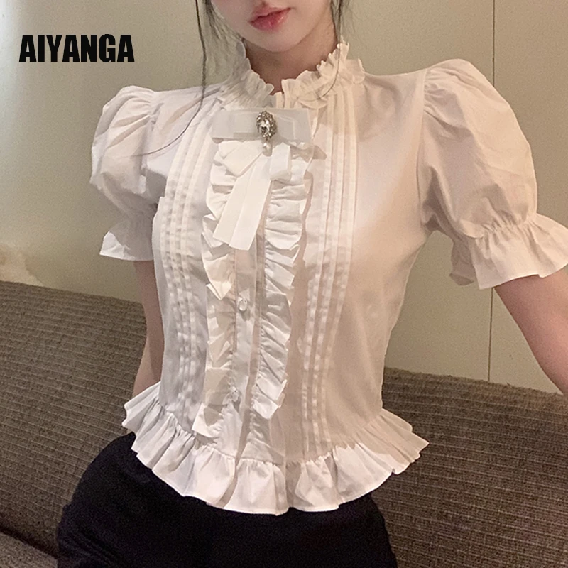 

Puff Short Sleeve Ruffles Women Shirts 2023 Summer Single-breasted Vintage Stringy Lace Trim Blouse Lady Elegant Blusas Workwear