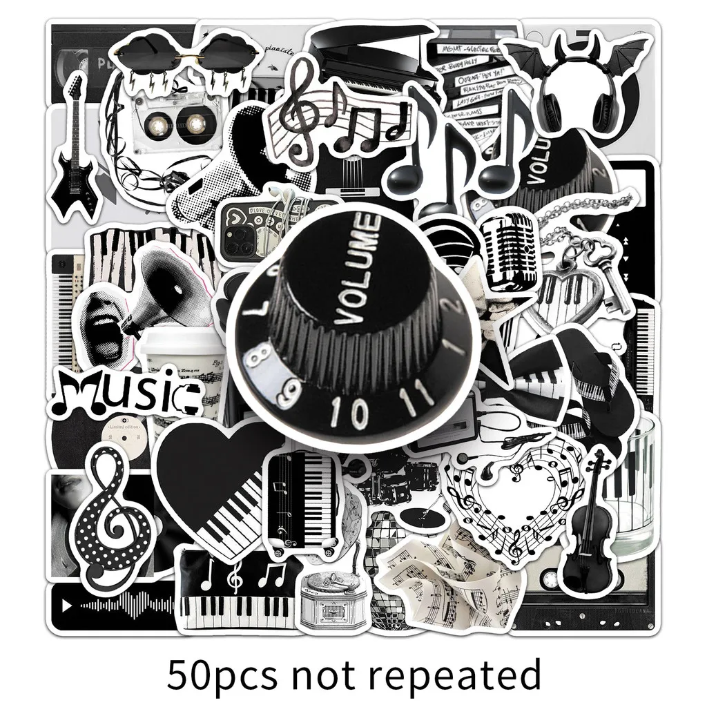 50개 블랙 & 화이트 음악 INS 스타일 스티커 방수 창의적인 데칼 휴대폰 케이스, 저널용 LanLanStickersWorld Store
