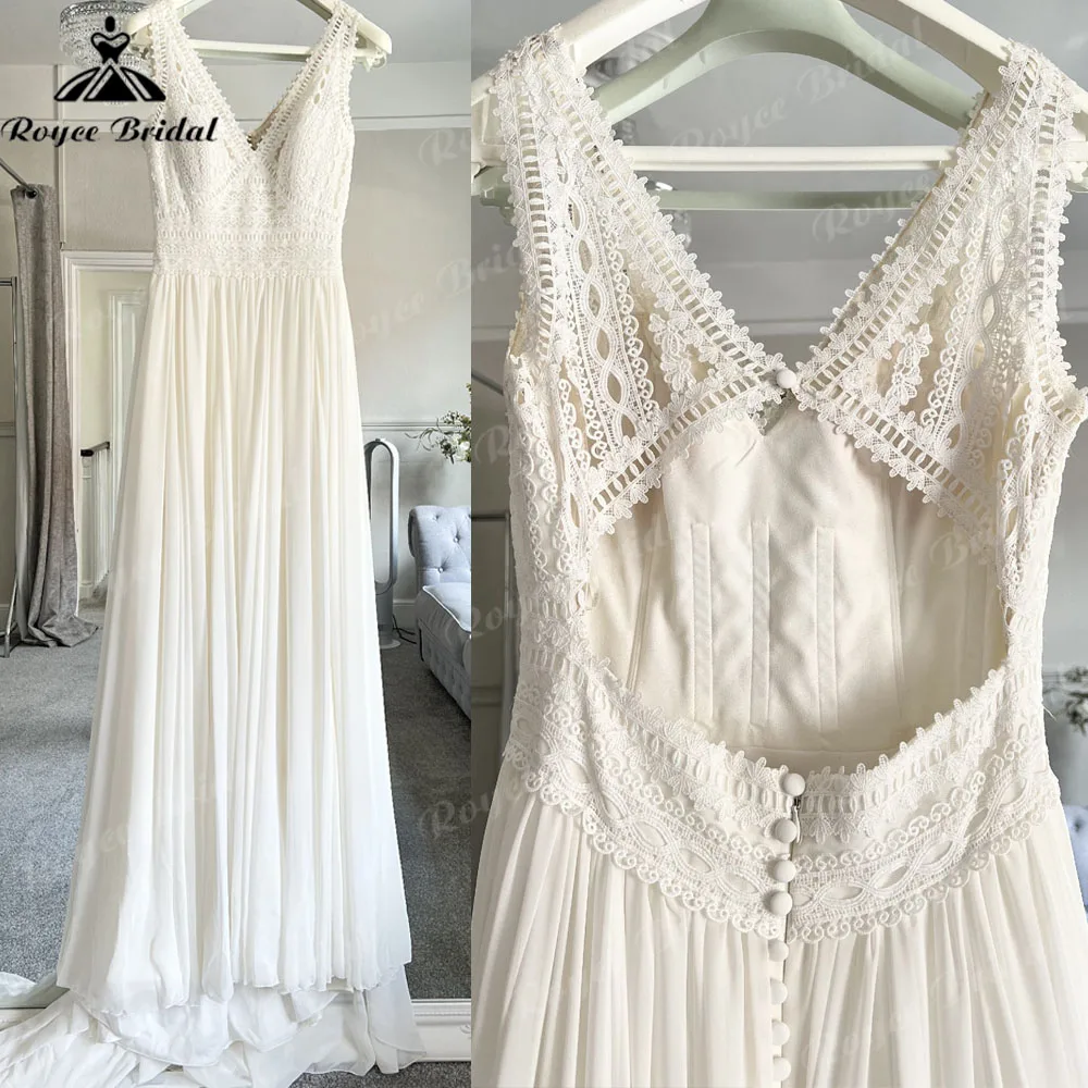 Vintage Spitzenmieder Chiffon A-Linie Rückenfreies Damen-Hochzeitskleid mit V-Ausschnitt 2025 Boho Brautkleid Robe de Mariée Maßanfertigung