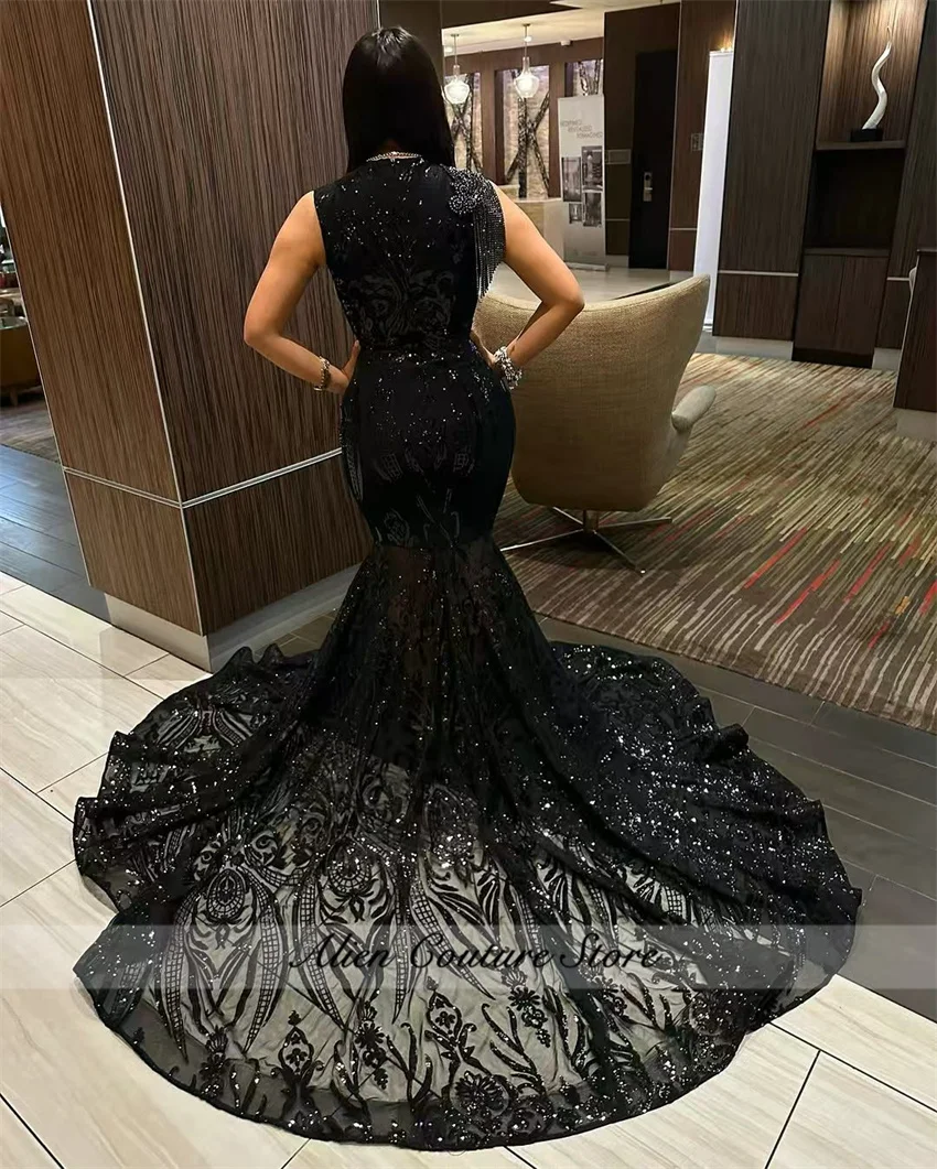 Prom Dress For Black Girls Long Black Diamonds Crystals Birthday Party Tassels Sequins Party Robe Customized