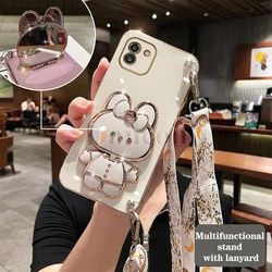 Elegant Crossbody Lanyard Phone Case with Rabbit Holder and Plating Design - Galaxy A25 5G (White)