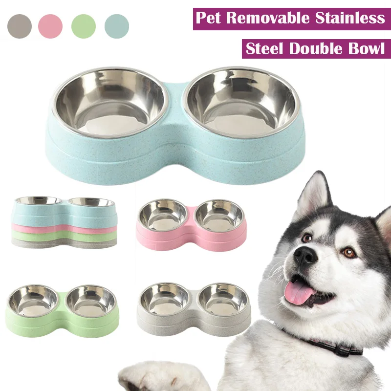 

Stainless Steel Pet Double Bowl Cats Dogs Removable Bowl Non-Slip Water Food Bowl Kitten Puppy Feeding Double Dish Pet Supplies
