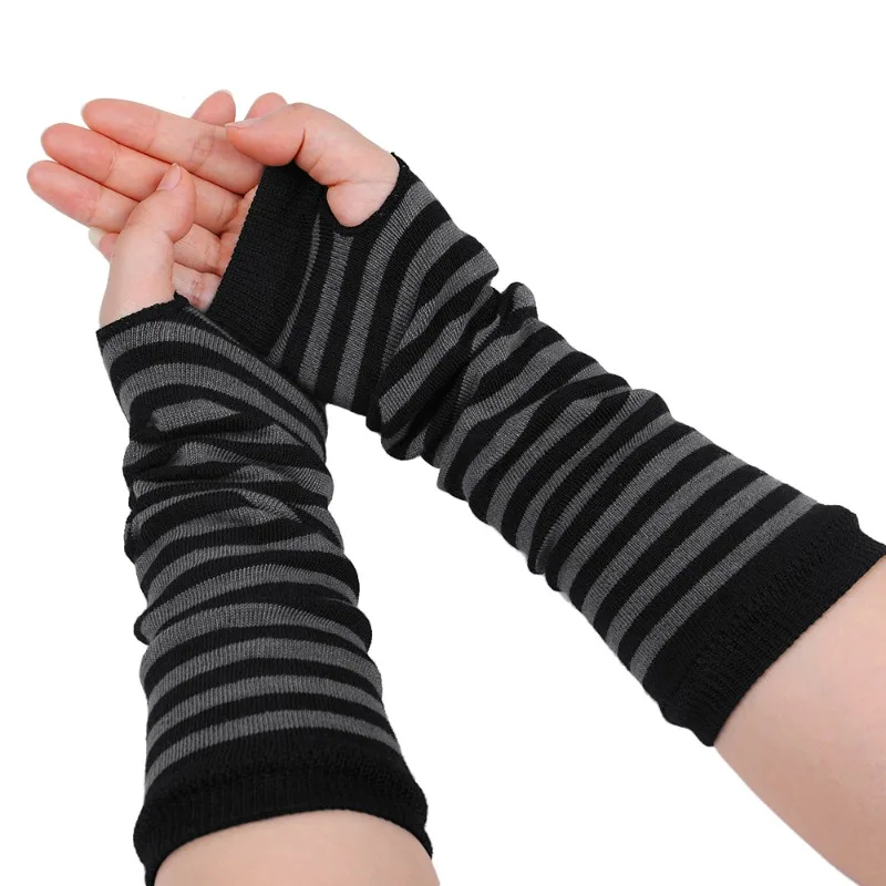 Punk Long Arm Gloves Adjustable Elastic Interval Stripe Fingerless Glove Protective Mittens Winter Nylon Arm Cover Cool Sleeves