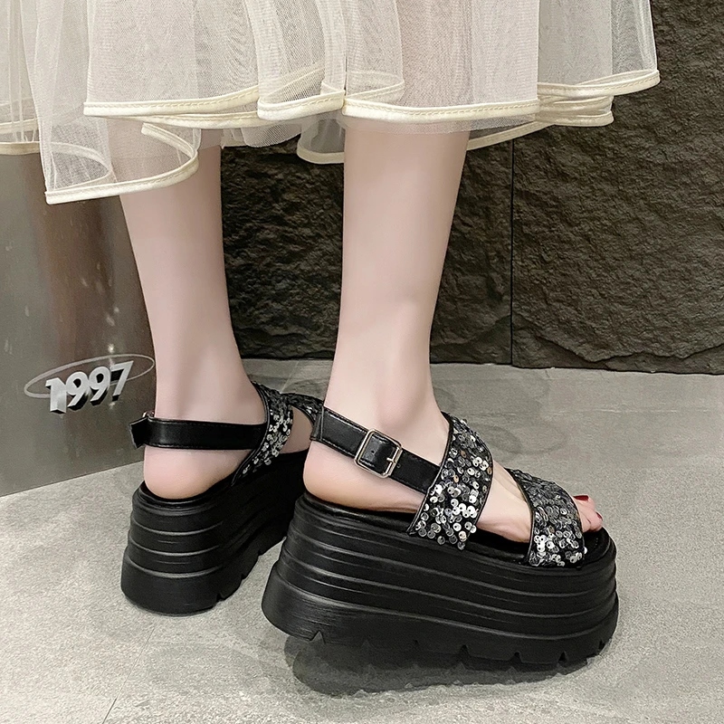 Aphixta Silver Platform Sandals Women Wedge 8.5cm High Heels Shoes Bling Sequine Summer Zapatos Mujer Wedges Woman Sandal