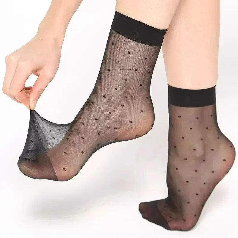 Women's Ultrathin Nylon Mid-tube Socks Black Skin Dot Silk Socks Summer Short Hosiery Breathable Non-Slip Stretch Ankle Sox