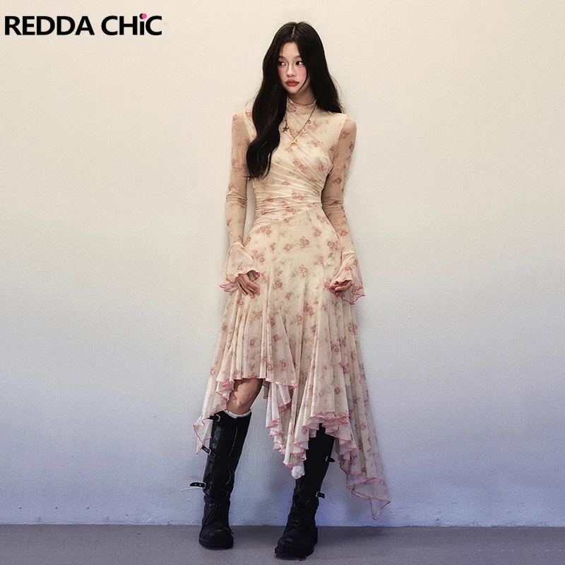 REDDACHiC Floral Mesh Turtleneck Women's Dress Irregular