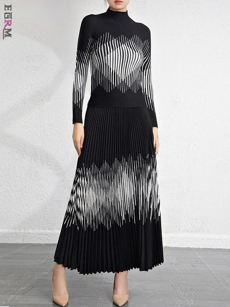 

EGRM Miyake Pleated Print 2 Pieces Set Full Sleeve Half High Collar Tops Loose A-Line Folds Skirt Sets 2023 Autumn New 6RM3196