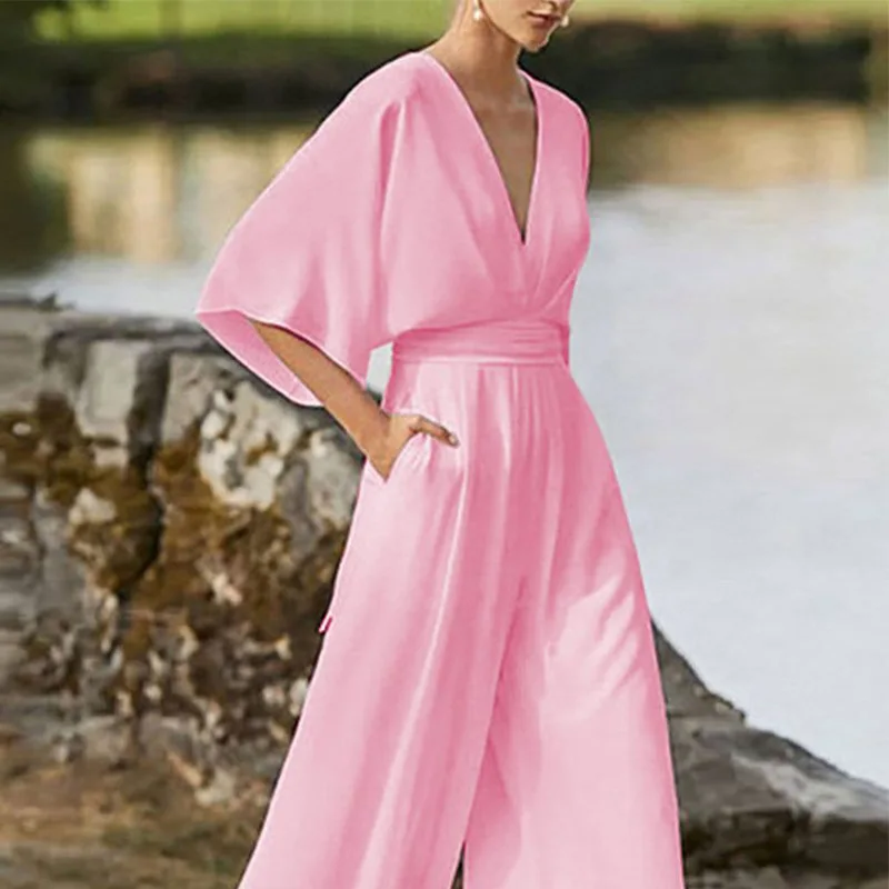 

Wepbel Summer Streetwear Jumpsuits V-neck Batwing Sleeve Rompers Jumpsuits Wide Leg Pants Waist Trimming Loose Jumpsuit