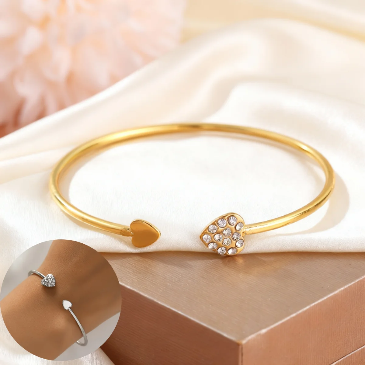 1pc Elegant Gold Color Bangle with Heart-Shaped Shiny Zirconia Adjustable Open Cuff Bracelet for Women Accessory 1