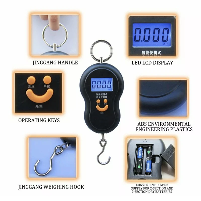 50kg 10g Digital Fishing Scale Hanging Hook Pocket Kitchen Weight Balance Luggage Weighing Scale with Backlight