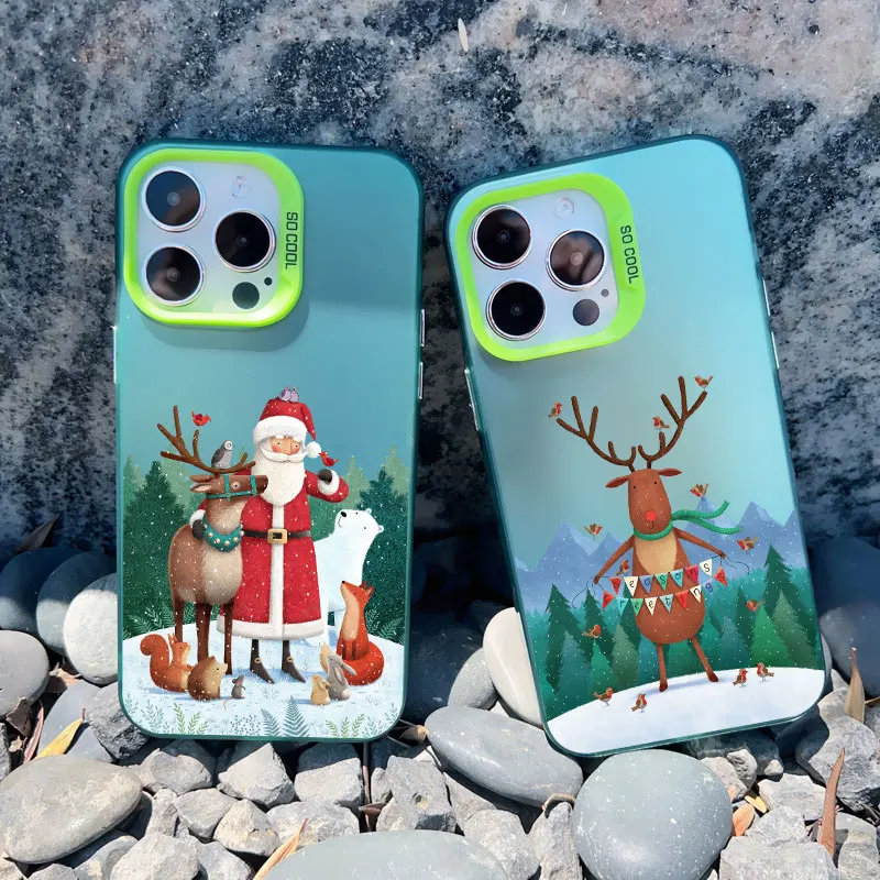 Cartoon Weihnachtsmann Elch Schneemann Weihnachtsbaum Handyhülle für iPhone 13 12 11 Mini Pro Max 17 16 15 14 Pro Max Plus Laser-Cover – Detail 17