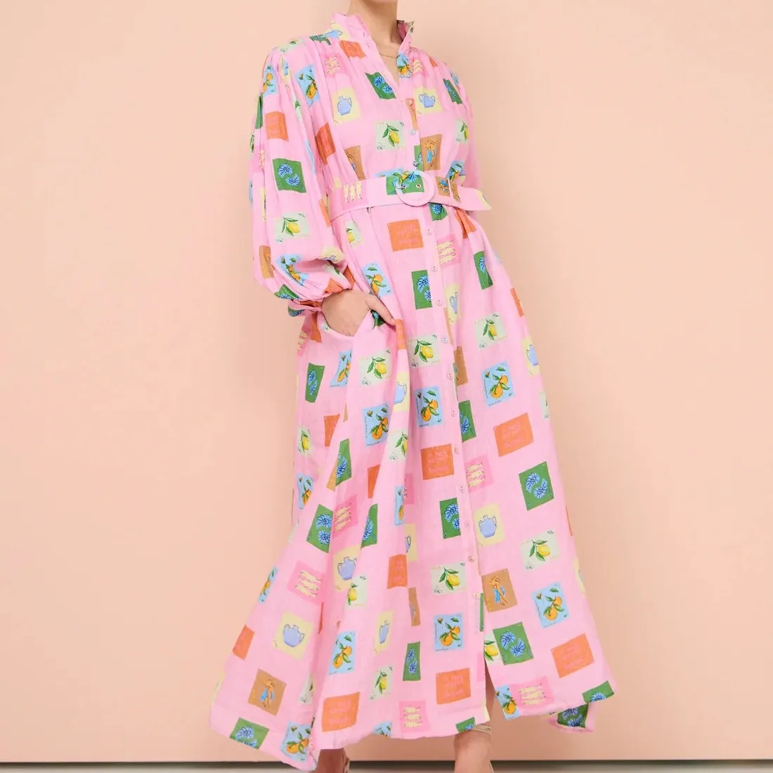 

Printed Vintage Long Sleeves Dress Chic Slits Beach 2024 Loose Dress Vestidos Casual Fashion Women Elegant Robe New Holiday