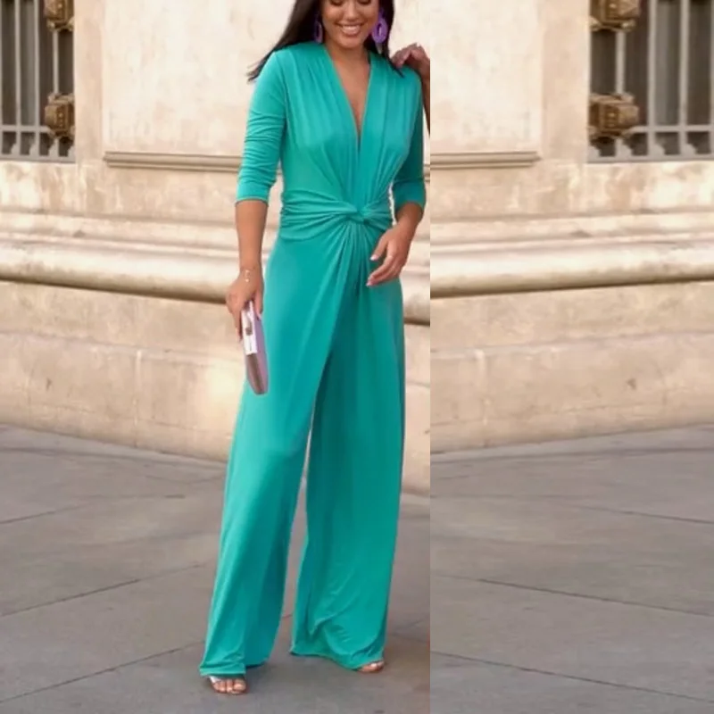 

Fashion Deep V Neck Sexy Commuting Jumpsuit Elegant Long Sleeve Women's Romper Casual Front Twist Pleat Solid Wide Leg Overalls