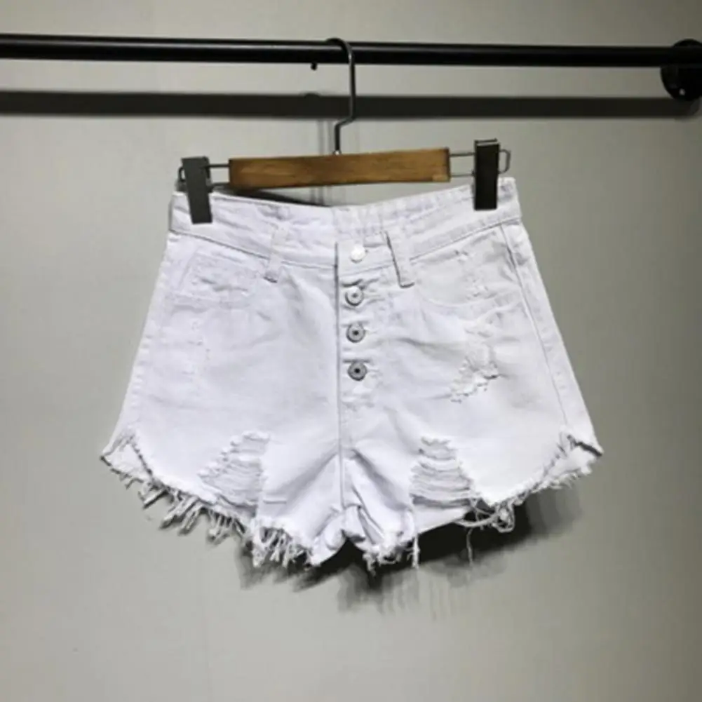 

Denim Shorts 5 Colors Button Placket Female Ladies High Waist Button Placket Ripped Shorts Women Shorts High Waist